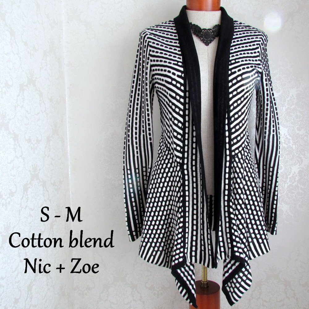 SWEATER JACKET, S, ASYMMETRICAL HEM, BLACK & WHITE ARTISTIC DESIGN, UNIQUE STYLE